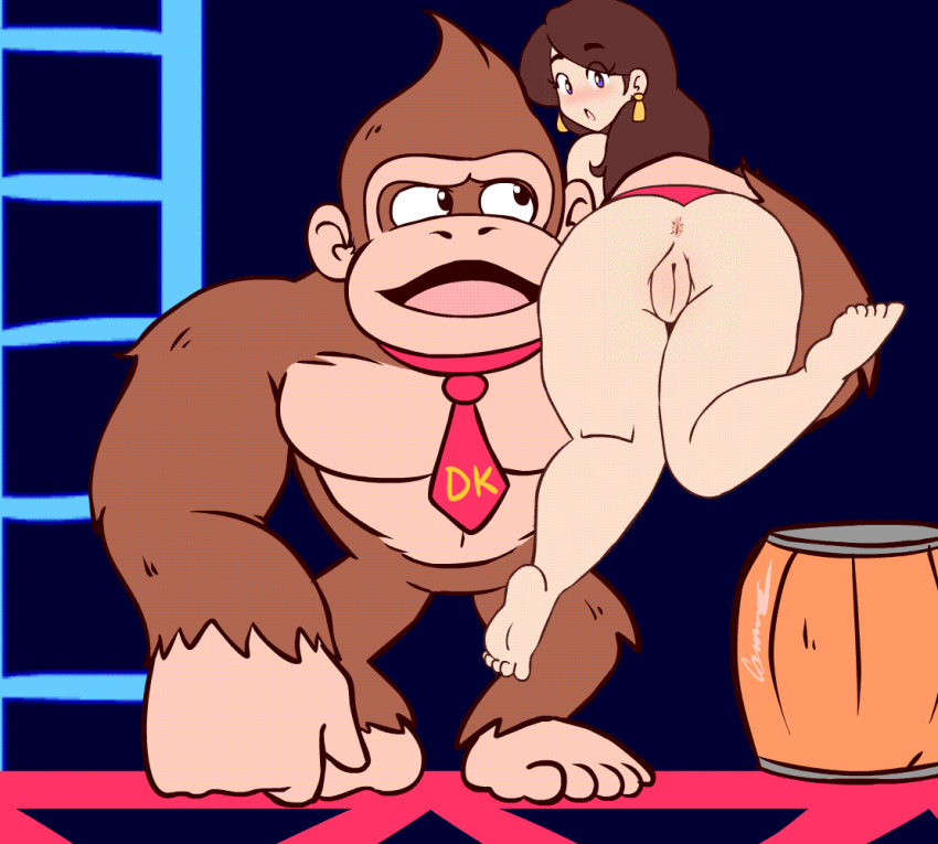 1boy 1girls animated anus ass barefoot damsel_in_distress donkey_kong donkey_kong_(arcade) donkey_kong_(series) earrings female looking_at_viewer looking_back male mario_(series) nintendo pauline pussy scruffmuhgruff toes