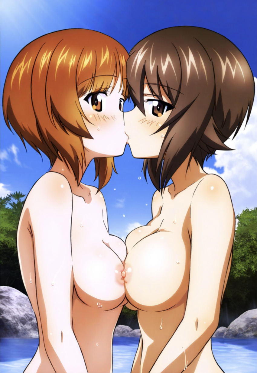 ai_generated breast_press brown_eyes brown_hair girls_und_panzer incest kissing naked nishizumi_maho nishizumi_miho outside sisters yuri