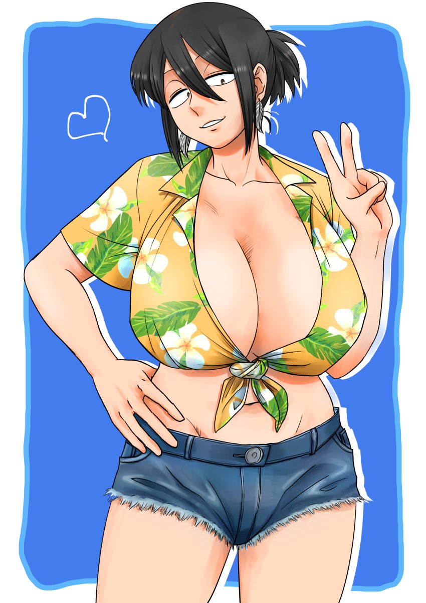 1girls breasts female hawaiian_shirt huge_breasts jean_shorts kataochi_chuuko ku_ma273