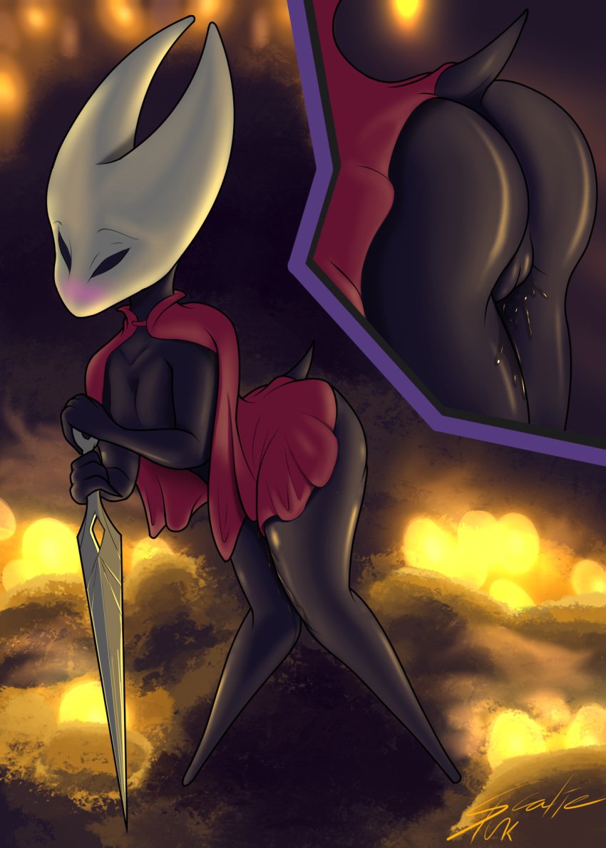 arthropod breasts cape cloak clothed clothing featureless_breasts female hi_res hollow_knight hornet hornet_(hollow_knight) hymenopteran insects partially_clothed pussy pussy_juice red_cape scaliepunk solo wasp