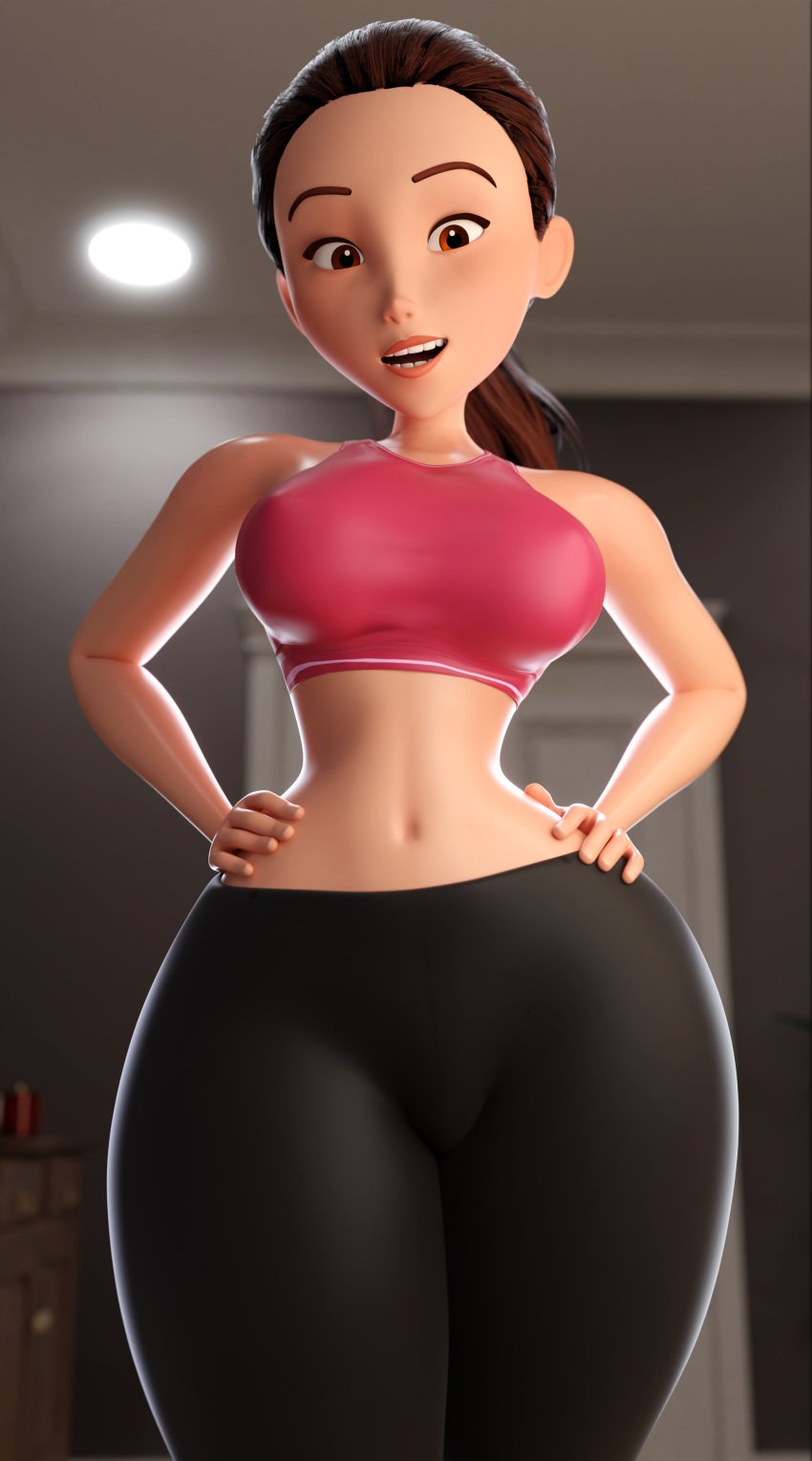 1girls 3d 3d_(artwork) big_breasts cropped_edit cropped_image female female_only hartman_hips helen_parr milf no_watermark ponytail smitty34 solo sports_bra the_incredibles thick_thighs voluptuous voluptuous_female wide_hips workout_clothes yoga_pants