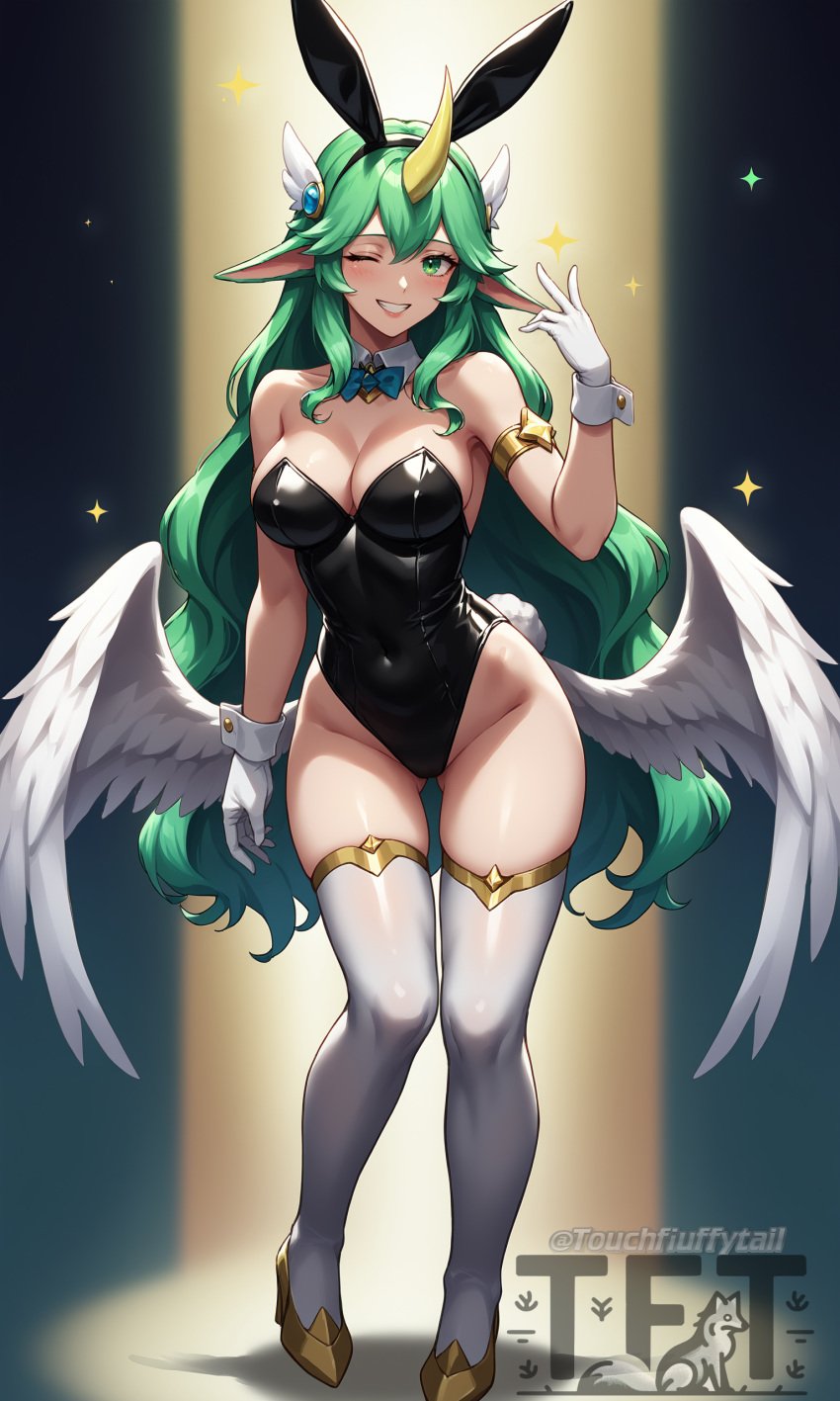 ai_generated bunny_ears bunnysuit girl green_eyes green_hair high_heels latex league_of_legends soraka star_guardian_soraka touchfluffytails wink