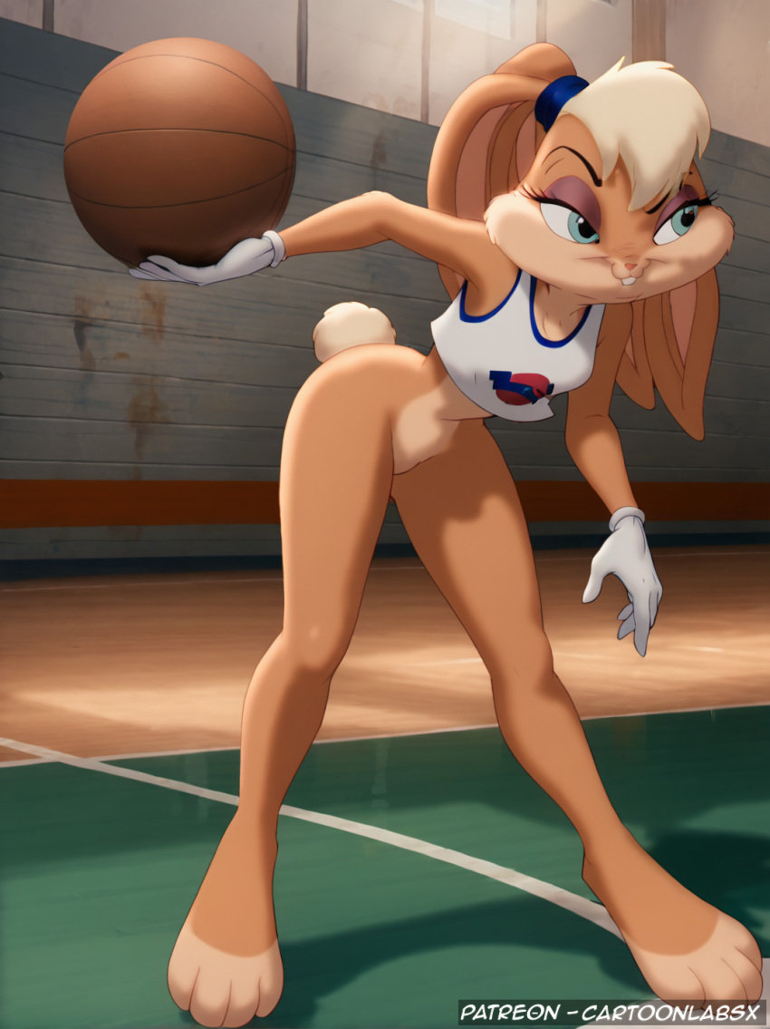 ai_generated basketball basketball_(ball) basketball_court basketball_jersey basketball_uniform bed bedroom bedroom_eyes bottomless bottomless_female bunny_ears bunny_girl cartoonlabsx in_bed jersey lola_bunny naked nude public public_exposure public_nudity seductive seductive_look seductive_smile smile smirk smirking space_jam