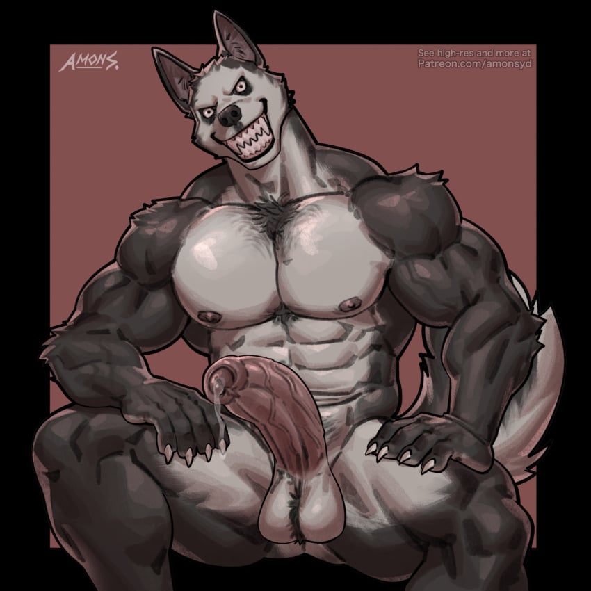 2024 amon-sydonai anthro balls bodily_fluids canid canine canis creepy creepypasta demon domestic_dog genital_fluids genitals hi_res husky male male_only mammal muscular muscular_anthro muscular_male nipples nordic_sled_dog patreon penis precum precum_string smile.dog spitz vein veiny_penis