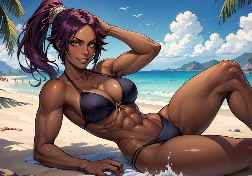 1girls abs ai_generated athletic_female big_breasts bikini bleach breasts dark-skinned_female dark_skin female female_only large_breasts muscles muscular muscular_arms muscular_female purple_hair shihouin_yoruichi solo solo_female swimsuit thick_thighs vitoryt