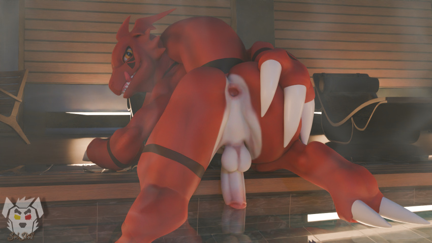 anthro anus ass balls bandai_namco bedroom_eyes digimon digimon_(species) digitigrade genitals guilmon hi_res humanoid_genitalia humanoid_penis licking licking_lips licking_own_lips looking_back male narrowed_eyes nude penis pinup pool poolside pose presenting presenting_anus seductive smile solo solskoll spreading steam tail tongue