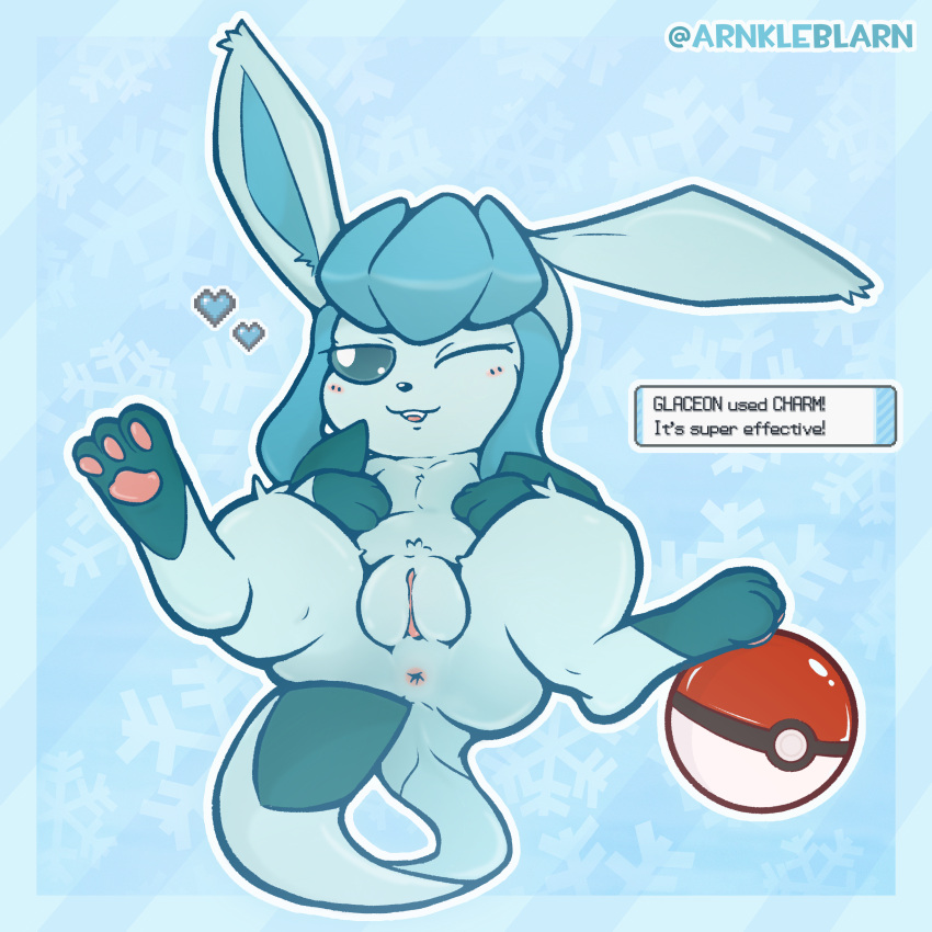 absurd_res anus arnkleblarn ass canid digitigrade eeveelution female feral generation_4_pokemon genitals glaceon hi_res humanoid_genitalia looking_at_viewer lying mammal nintendo on_back one_eye_closed pawpads paws pokeball pokemon pokemon_(species) pussy simple_background smug_face solo spread_legs spreading text_box wink winking_at_viewer