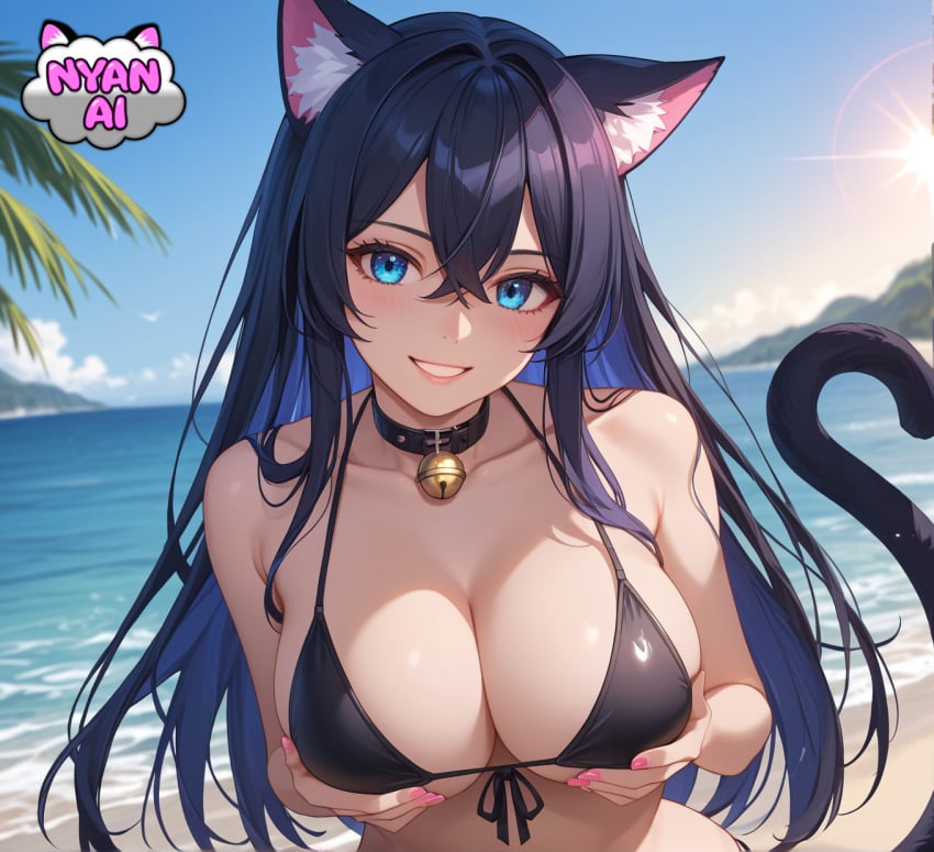 2d ai_assisted ai_generated ai_girl athletic beach bell bell_collar bikini bikini_top black_bikini black_bikini_top black_hair blue_eyes bra cat_girl catgirl cleavage cosplay curvy_female female female_focus fit_female fondle front_view girl grabbing_own_breast humanoid lying mature_female mature_woman micro_bikini micro_bikini_top midriff neko nekomimi nyan_ai nyanai outfit pale_skin pose sand sfw shiny_skin smile smile_at_viewer smiley_face thick_thighs water white_skin