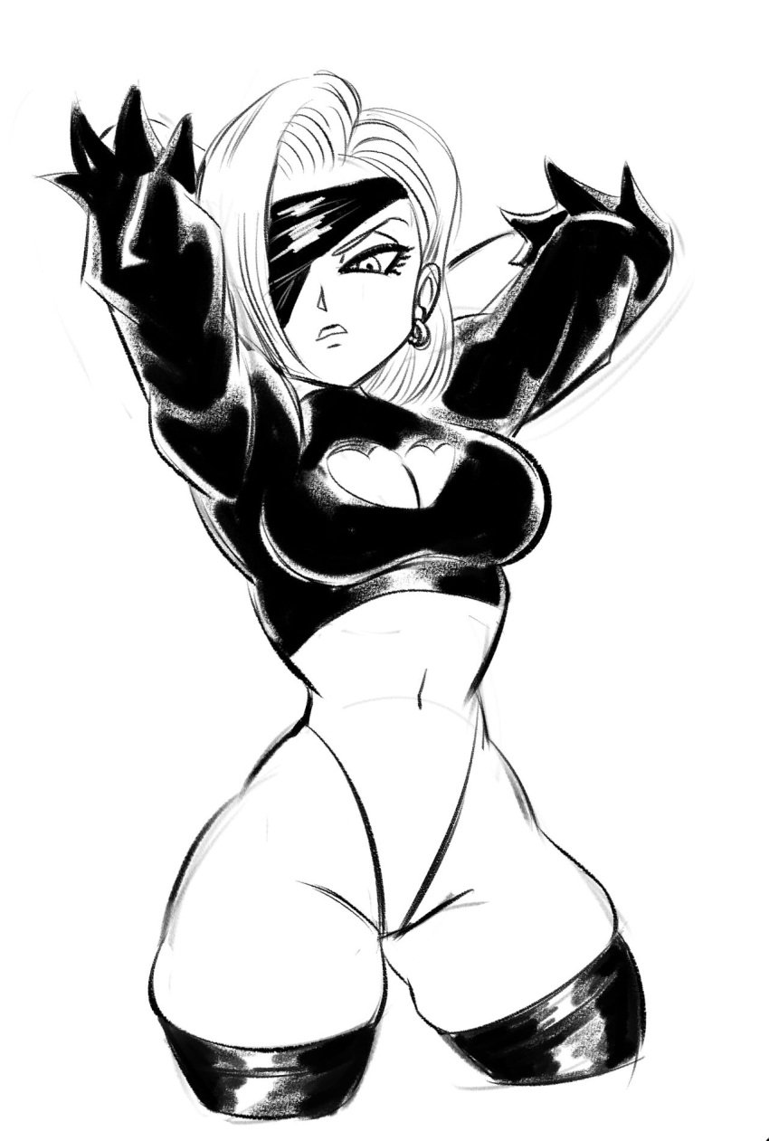 1girls android android_18 angry angry_sub arms_behind_head big_breasts black_and_white breasts cleavage cosplay defiant defiant_sub dragon_ball dragon_ball_z earring female female_only femsub funsexydragonball looking_at_viewer monochrome nier nier:_automata nier_(series) sole_female solo solo_female source_request submissive submissive_female unhappy unhappy_female yorha_2b_(cosplay)