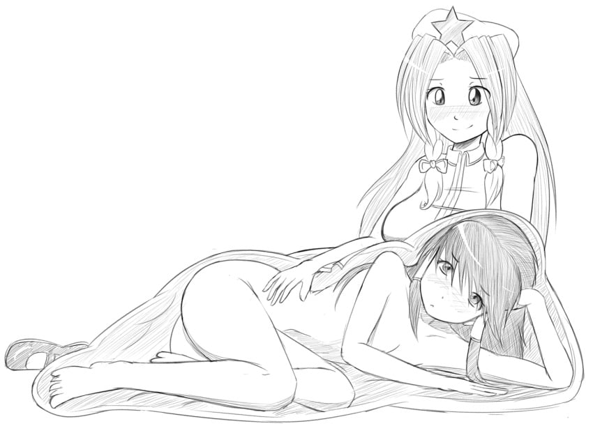 2girls blush chinese_clothes clothed embarrassed embarrassed_nude_female embracing f/f female_only hong_meiling inside_view lying lying_on_side no_color nude oral_vore post-vore reimu_hakurei sketch smile starcrossing stomach touhou vore vore_belly x-ray