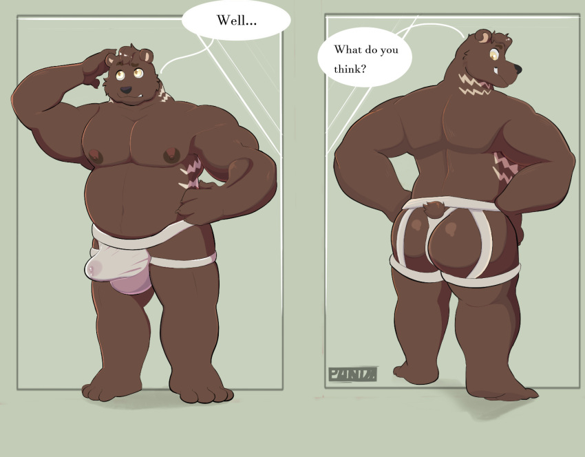 anthro ass bear belly big_ass big_belly big_pecs big_penis blushing_profusely bodily_fluids clothed clothing erection erection_under_clothing front_view furry furry_male g-string genital_fluids genitals grolar_bear hybrid jockstrap jockstrap_only male mammal mirror nipples oso_the_grolar_bear panda_(notactualpanda) pecs penis precum presenting rear_view smile solo topless underwear underwear_only ursine