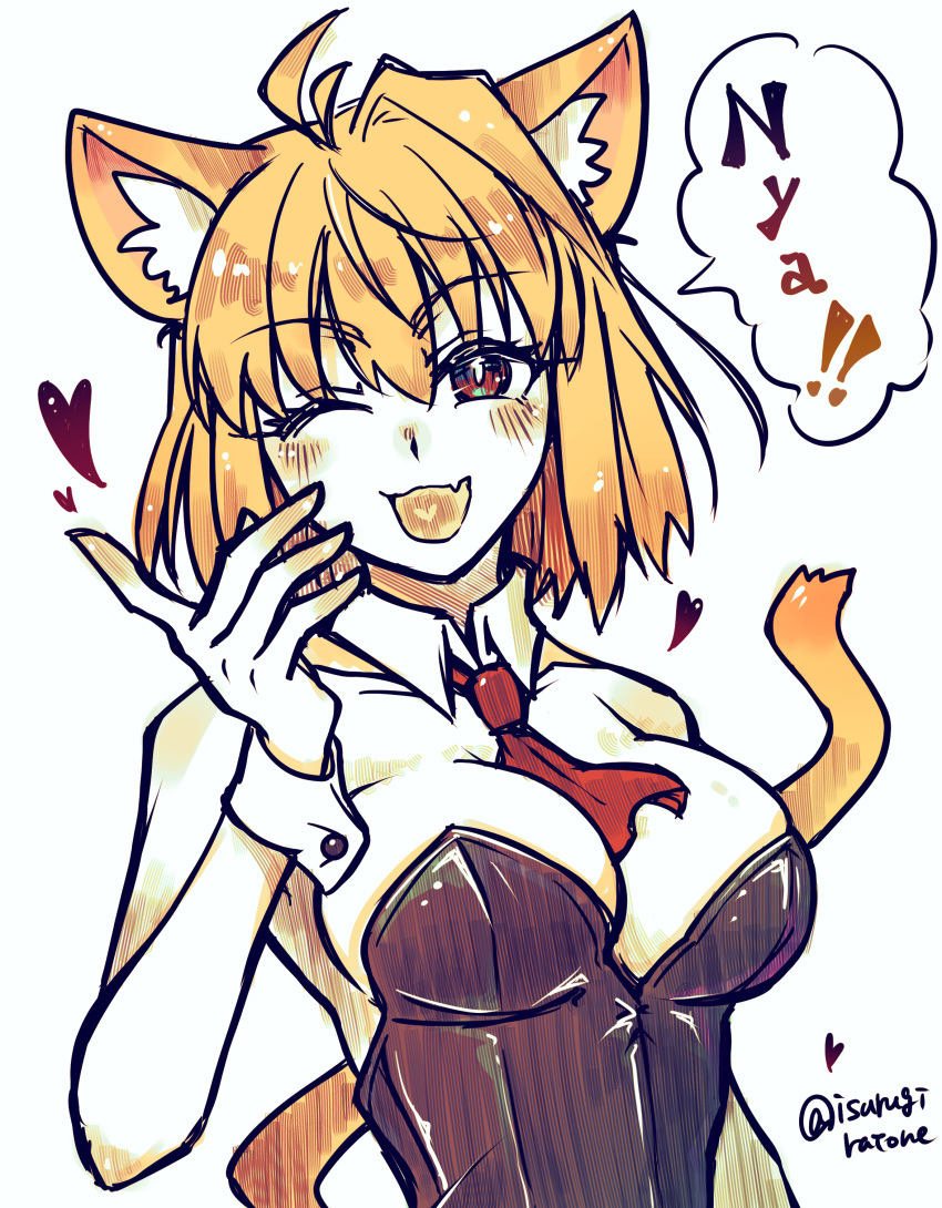 :d arcueid_brunestud blonde_hair blush breasts bunny_ears cat_ears cat_tail catgirl collar doodle huge_breasts large_breasts looking_at_viewer red_eyes red_tie sharp_claws short_hair sketch surugiratone tie top_heavy torso_shot tsukihime vampire vampire_girl wink