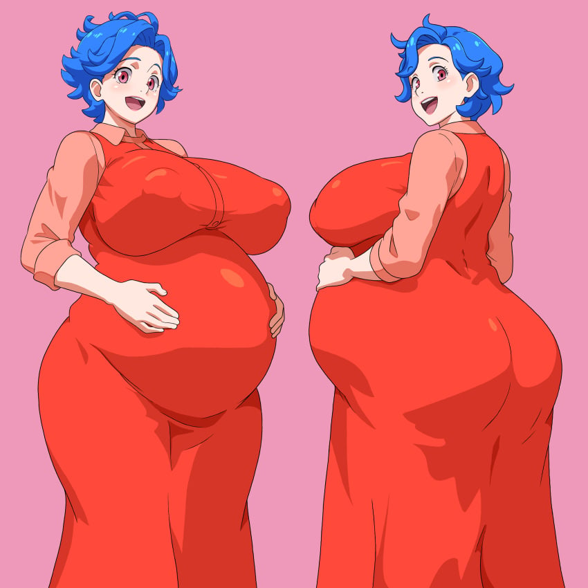 1girls ass back_view belly belly_button big_ass big_belly big_breasts blue_hair breasts breasts_bigger_than_head clothed clothing dress emily_(stardew_valley) female female_only from_behind front_view fungus-man gigantic_breasts hand_on_belly happy large_ass large_belly large_breasts light-skinned_female light_skin lips lipstick long_sleeves looking_at_viewer nipple_bulge nipples pink_background pregnant purple_eyes ready_to_pop rear_view red_dress self_upload smile solo solo_female standing stardew_valley tagme thick_thighs thighs