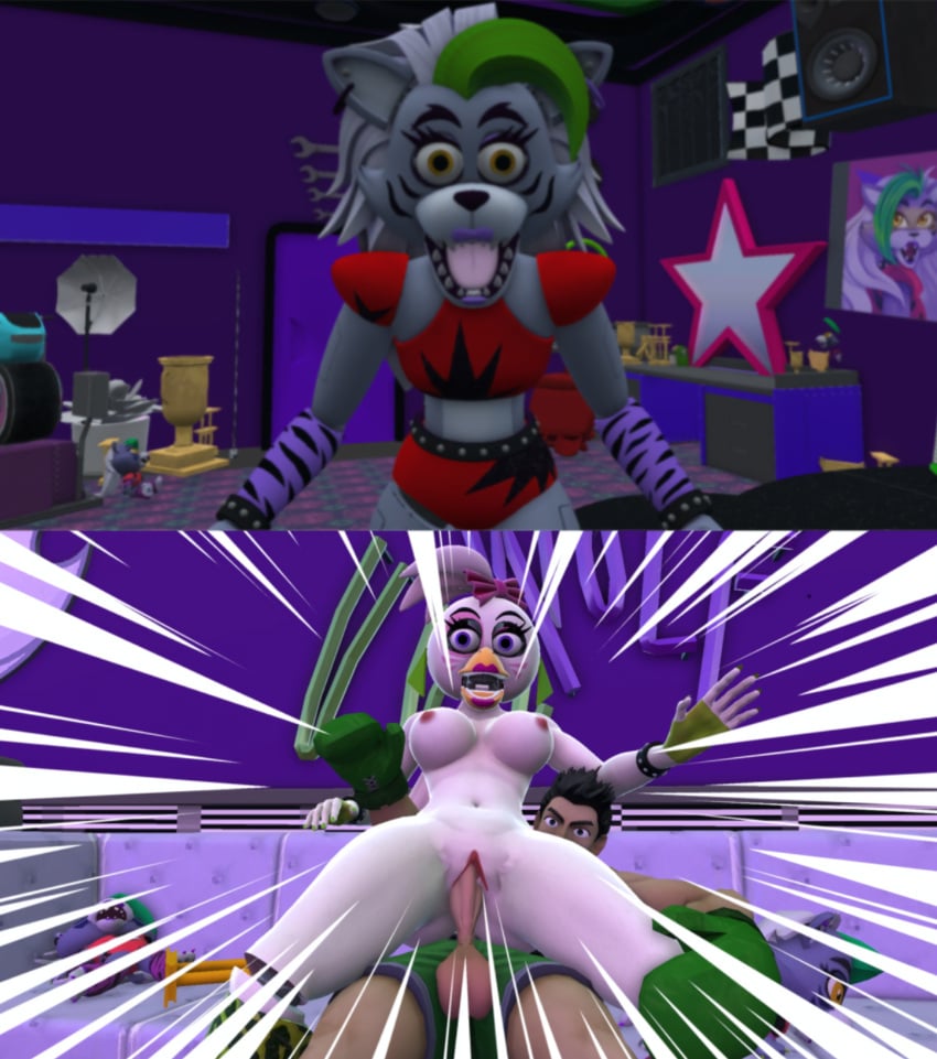 1boy 2girls 3d animatronic bird boxers boxing_gloves breasts crossover eastern_and_western_character erection exhibitionism five_nights_at_freddy's five_nights_at_freddy's:_security_breach furry furry_female glamrock_chica_(fnaf) human little_mac muscular muscular_male nintendo nude nude_female penetration penis punch_out robot robot_girl roxanne_wolf_(fnaf) sex shocked steel_wool_studios surprised testicles wolf