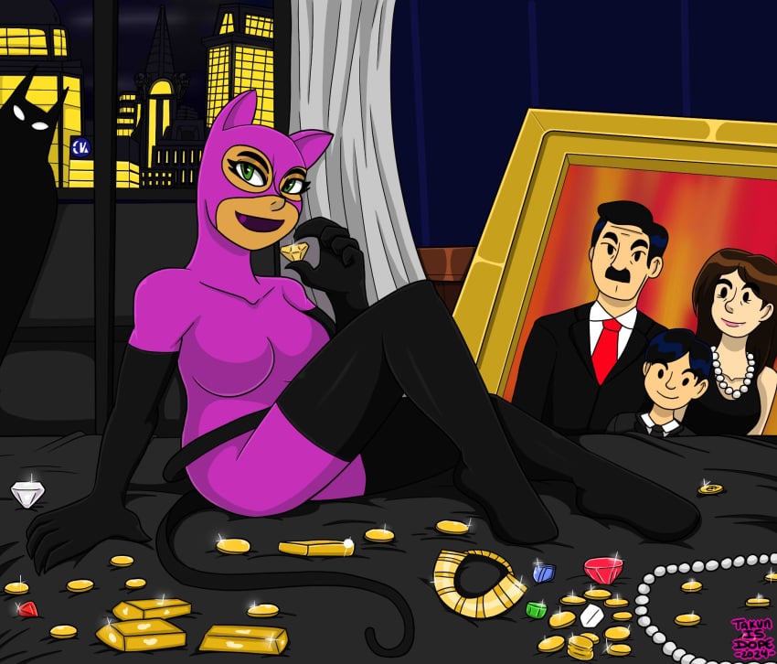 1boy 1girls batman batman_(series) bed bruce_wayne cat_ears catwoman coins dc_comics diamonds dopeisnukat gotham gotham_city green_eyes jewels martha_wayne pearls purple_bodysuit selina_kyle sfw tan-skinned_female thomas_wayne