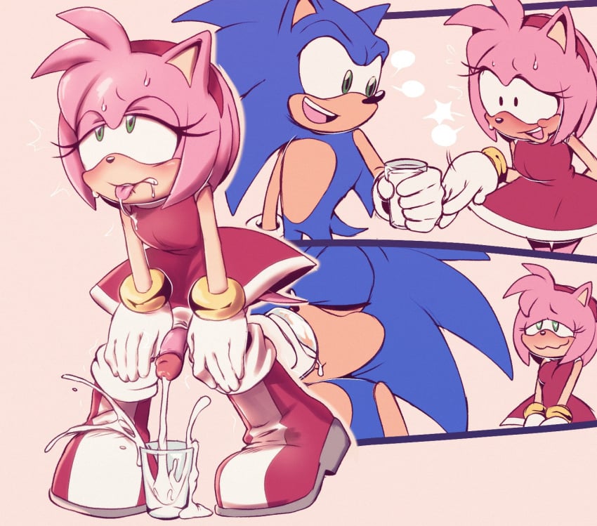 amy_rose anthro blush bodily_fluids cum cum_in_a_cup cum_in_container cum_in_mouth cum_inside drinking drinking_cum duo futa_on_male futanari genital_fluids hi_res intersex intersex/male male sega somedivs sonic_(series) sonic_the_hedgehog sonic_the_hedgehog_(series) sweat unaware