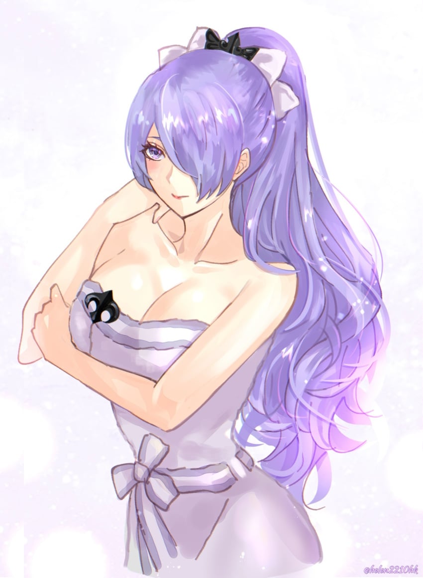 1girls alternate_costume alternate_hairstyle bare_shoulders breasts camilla_(fire_emblem) camilla_(hostile_springs)_(fire_emblem) camilla_(hot_springs)_(fire_emblem) cleavage closed_mouth female female_only fire_emblem fire_emblem_fates fire_emblem_heroes hair_over_one_eye hair_ribbon helen_(helen2210hk) highres large_breasts long_hair naked_towel nintendo official_alternate_costume official_alternate_hairstyle ponytail purple_eyes purple_hair ribbon solo towel twitter_username very_long_hair white_ribbon