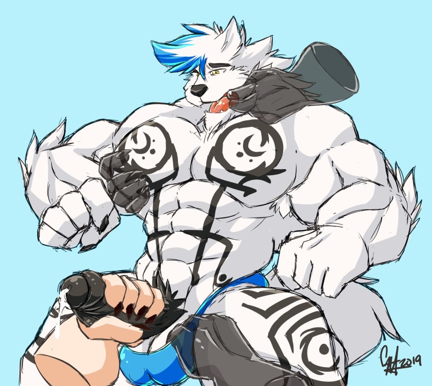 1boy 2019 abs absurd_res ambiguous_gender anthro bulge canine clothing colored_sketch cum cum_drip daikitei disembodied_hand dripping erection finger_in_mouth handjob hi_res huge_penis humanoid_penis male male_only male_pov mammal muscular muscular_male no_nipples penis pov sketch solo_focus spread_mouth tattoo testicles text thick_thighs threesome topless uncut underwear watermark wolf