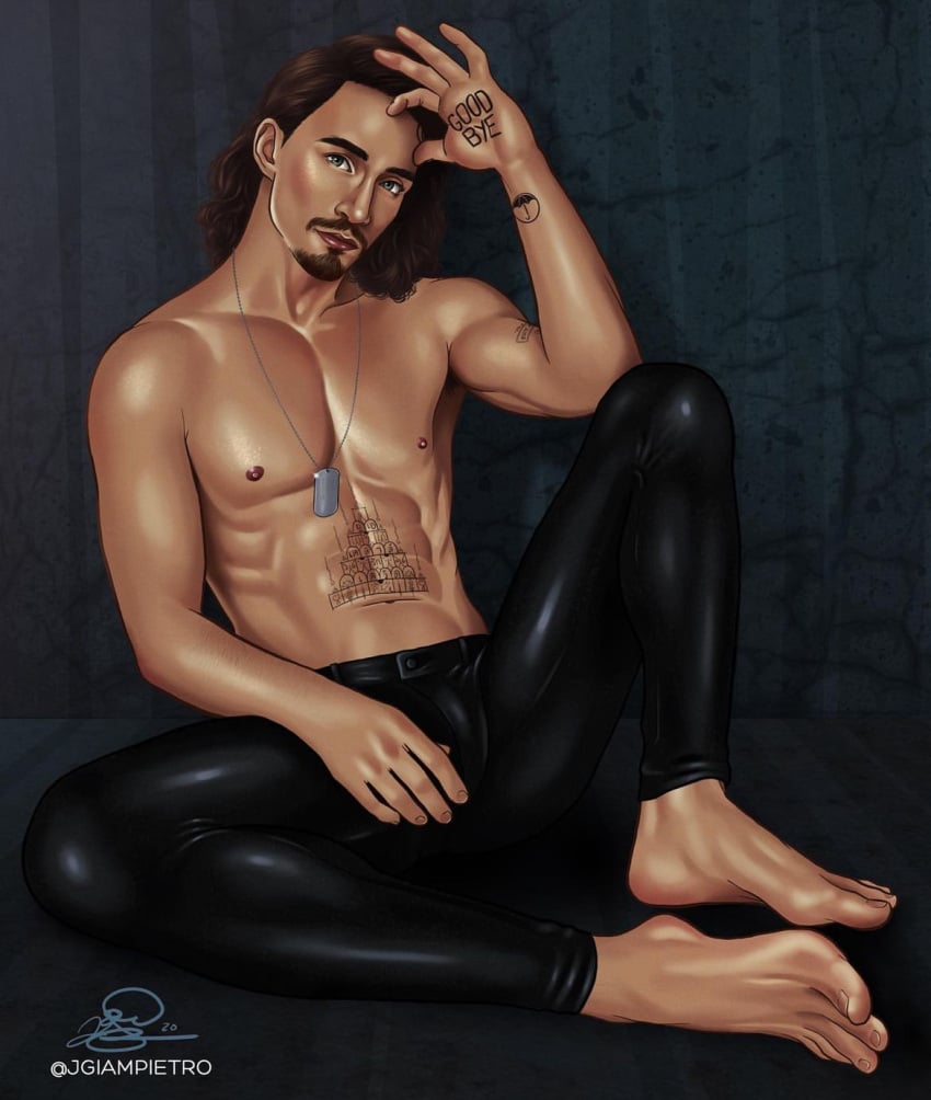 1boy abs actor brown_hair celebrity dog_tags facial_hair highres in_character jgiampietro klaus_hargrevees lean_muscle leather_pants male male_only netflix robert_sheehan shirtless_male tattoos umbrella_academy