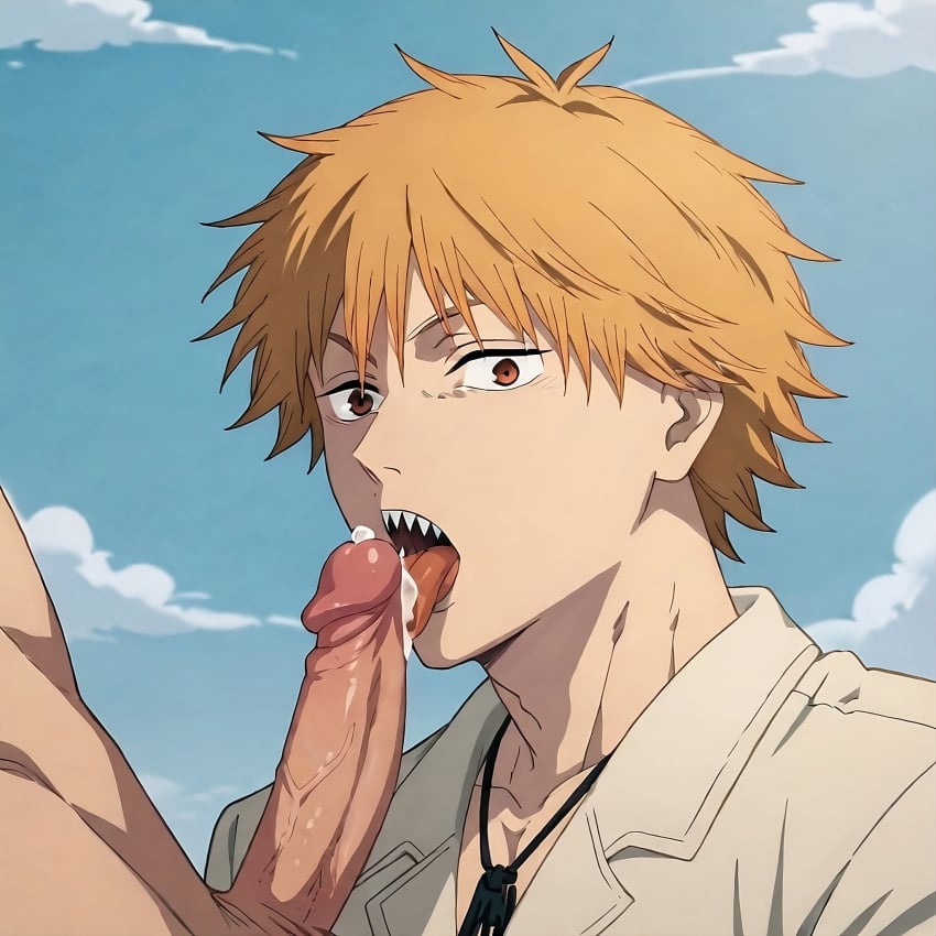 ai_generated chainsaw_man cock cum cum_in_mouth cum_in_tongue denji_(chainsaw_man) dick fellatio gay male male/male male_focus male_only mouth_open open_mouth orange_eyes orange_hair penis tongue tongue_out yaoi