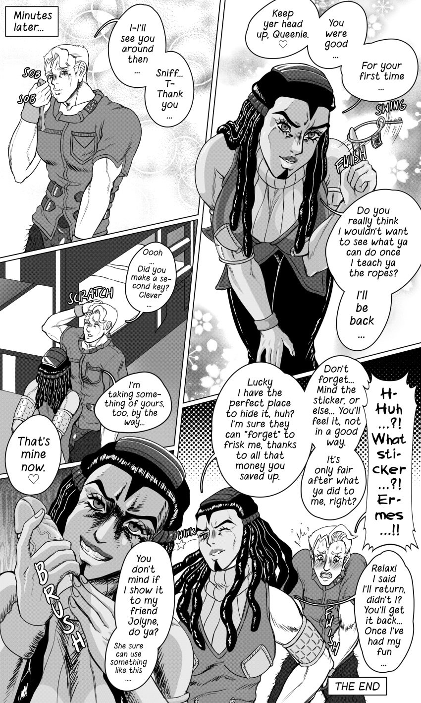 1boy 1girls bilberrybear clothed comic comic_page dark-skinned_female doujinshi english_text ermes_costello grin jojo's_bizarre_adventure light-skinned_male male/female penis_theft speech_bubble stone_ocean straight taking_penis thunder_mcqueen wholesome wholesome_end