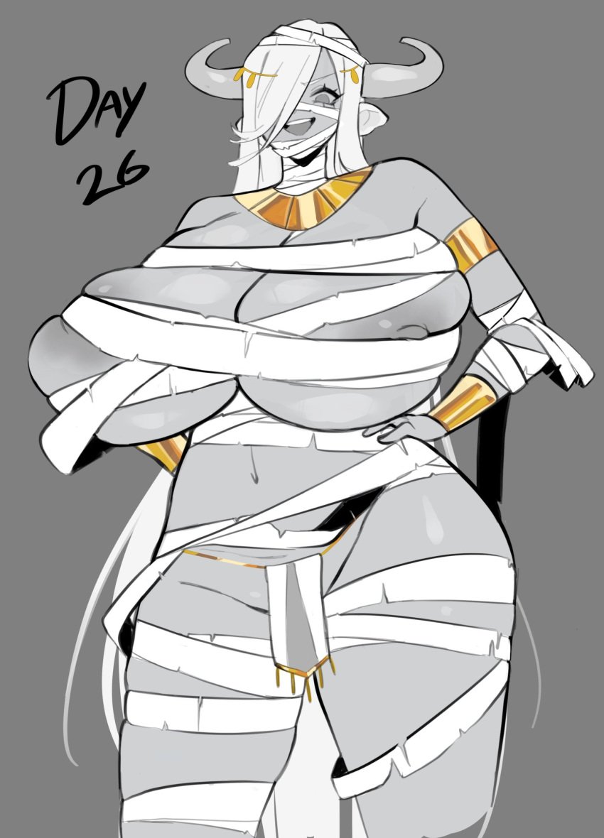 1girls big_breasts cow_horns huge_breasts mummy mummy_costume mummy_wrappings thick_thighs ushiji