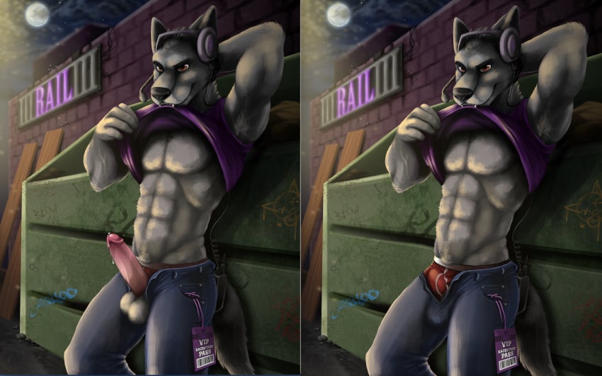 2019 abs alley anthro armpit_hair balls biceps biped black_eyebrows black_nose boxers_(clothing) bulge canid canine canis claws clothed clothing cooper_estevez detailed_background dumpster erection erection_under_clothes eyebrows full_moon fur glans grey_balls grey_claws grey_fur grey_tail hand_behind_head headgear headphones headset hi_res humanoid_penis jackaloo jeans male male_only mammal moon muscular muscular_male night open_pants outside pants pecs penis pink_glans pink_penis precum purple_clothing purple_shirt purple_topwear raised_clothing raised_shirt red_clothing red_eyes red_underwear security shirt solo standing tank_top topwear underwear wolf