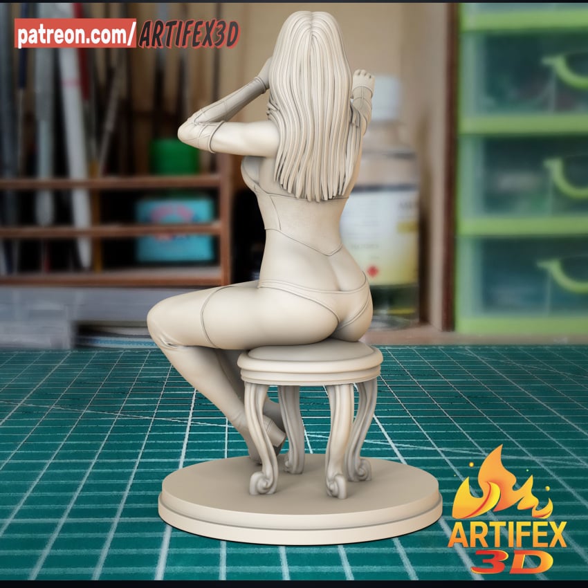 3d_model artifex3d ass ass_cleavage ass_focus breasts emma_frost female female_only hellfire_club marvel marvel_comics pinup pinup_pose sitting statue telepath white_queen x-men