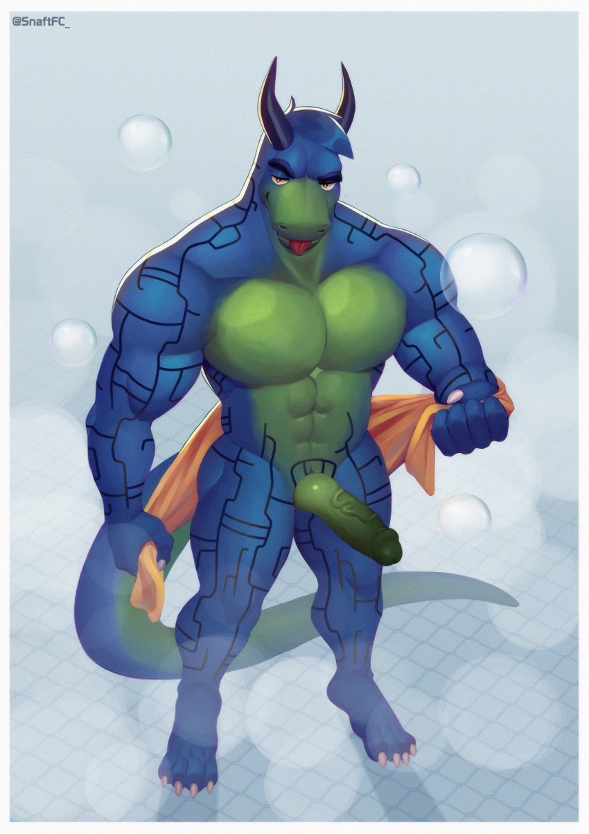 absurd_res anthro anthro_only blue_body body_art bubble circuit_markings dimitri(genericsalt) dragon genitals green_body hi_res horn knot male male_only markings mythological_creature mythological_scalie mythology penis scalie shower snaftfc solo steam tongue tongue_out towel towel_around_waist vein veiny_penis