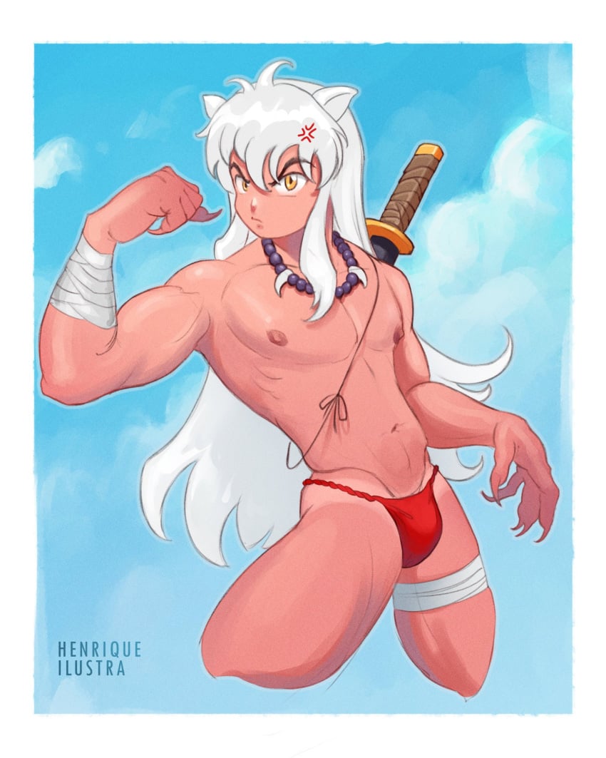 asian asian_male bulge demon east_asian east_asian_male flexing fox_ears henriqueilustra inuyasha inuyasha_(character) male male_only muscles muscular muscular_male posing shirtless_male sword tanlines