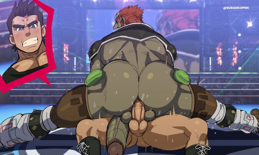 anal ass bara body_hair burankoprn crossover ganondorf ganondorf_(ocarina_of_time) gay green_skin little_mac male male_only ocarina_of_time penis public punch-out!! restrained size_difference straddling sub_ganondorf super_smash_bros. the_legend_of_zelda wrestling_ring