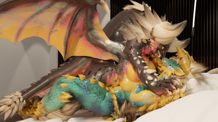 anthro big_breasts blender_(artwork) breasts capcom digital_media_(artwork) duo elder_dragon fanged_wyvern female female/female hi_res monster_hunter nergigante nipples tail teeth yujian zinogre zinogre_(apekweit)