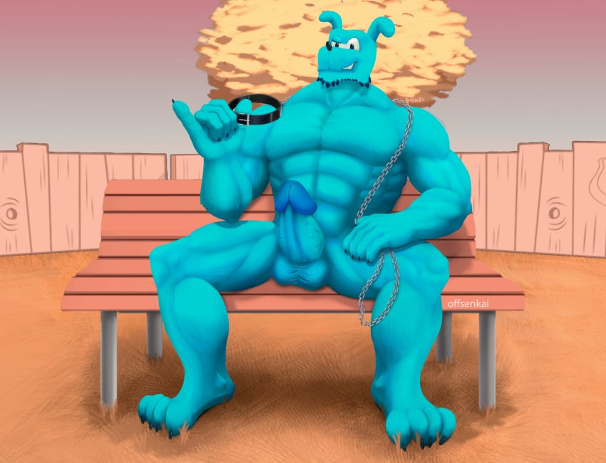 absurd_res anthro balls bench blu_(monica's_gang) blue_body blue_penis canid canine canis chains collar digital_media_(artwork) domestic_dog erection genitals hi_res looking_at_viewer male mammal monica's_gang muscular nude offsenkai on_bench outside penis plant sitting sitting_on_bench smile smiling_at_viewer smirk smug_face solo source_request tree