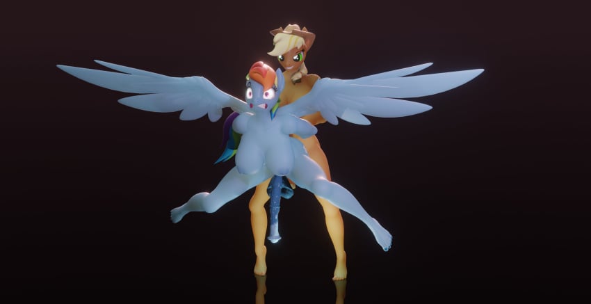 3d 3d_(artwork) angry_sex applejack_(mlp) balls big_balls big_breasts big_penis breasts doomfella flying futa_on_futa futanari hat in_air my_little_pony nipples penis pulling_hand rainbow_dash_(mlp) veiny_balls veiny_penis wings