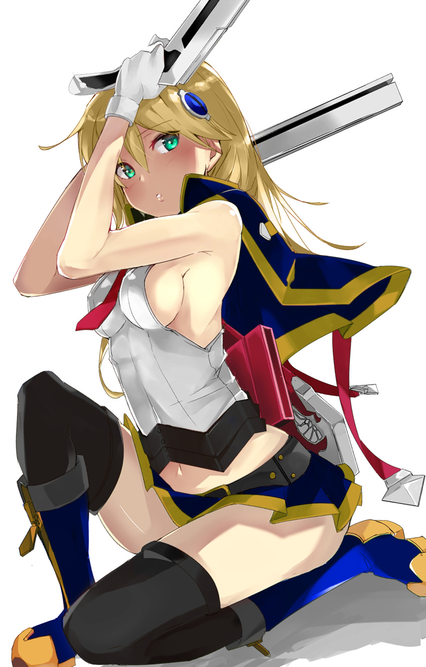 black_thighhighs blazblue blonde_hair blush bolverk boots female looking_at_viewer miniskirt noel_vermillion sato_(samanosuke_0710) skirt sleeveless small_breasts thighs