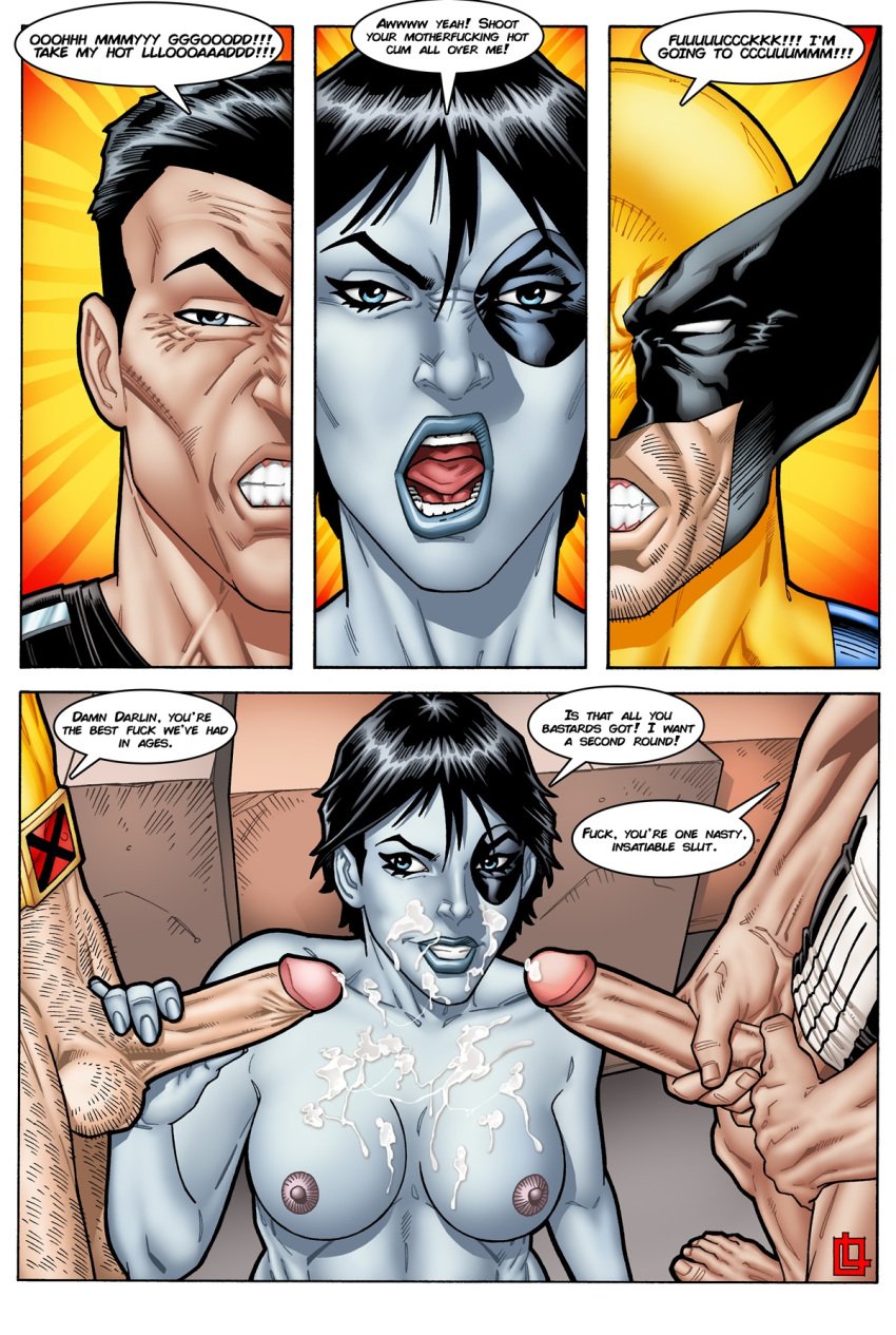 big_cocks black_hair blank_eyes blue_eyes breasts clenched_teeth covered_in_cum cum cum_on_body cum_on_face cum_on_penis_head cum_on_tits dialogue domino_(marvel) frank_castle hand_on_penis holding_penis leandro_comics logan_(x-men) marvel marvel_comics massive_cum neena_thurman punisher screaming_in_pleasure the_punisher warehouse white_skin wolverine_(x-men) x-men