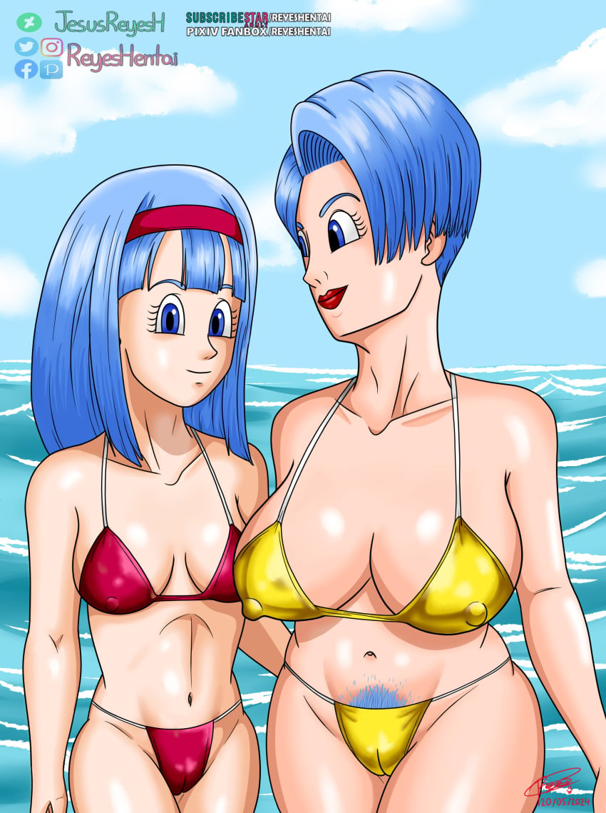 beach bikini bra_(dragon_ball) bra_briefs bulma_briefs bulma_briefs_(gt_saga) dragon_ball dragon_ball_gt dragon_ball_super gold_bikini mother_and_daughter mother_daughter_boob_envy_(meme) original_artwork red_bikini reyeshentai(artist)