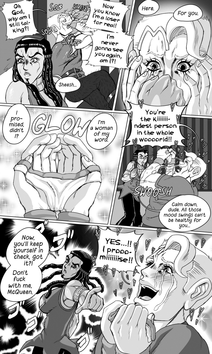 1boy 1girls bilberrybear comic comic_page dark-skinned_female dilated_pupils doujinshi english_text ermes_costello gift giving_panties jojo's_bizarre_adventure light-skinned_male light_skin male/female monochrome panties speech_bubble stone_ocean straight thunder_mcqueen wholesome wholesome_end