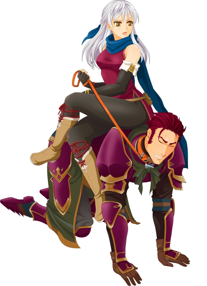 1boy 1girls all_fours angry armor bent_over breasts closed_eyes collar crossed_legs dress elbow_gloves femdom fingerless_gloves fire_emblem fire_emblem:_radiant_dawn gloves grey_hair horseback_riding humiliation jarod_(fire_emblem) leash leenvidia long_hair male malesub medium_breasts micaiah_(fire_emblem) nintendo open_mouth pantyhose pelvic_curtain petplay raised_eyebrow red_hair riding scarf short_hair silver_hair sitting sitting_on_person sleeveless sleeveless_dress transparent_background yellow_eyes