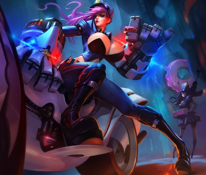 alternate_breast_size background breasts_bigger_than_head caitlyn_kiramman cleavage clothed_female clothing cops_and_robbers_series donut edit edited fixing full_body gauntlets gigantic_breasts high_heel_boots high_heels huge_breasts league_of_legends officer_caitlyn officer_vi official_artwork_edit pink_hair police_uniform policewoman round_breasts the_grind_series thin_waist third-party_edit vi