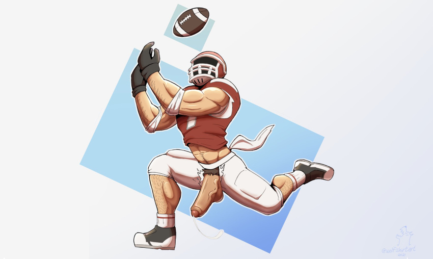 balls bara big_balls big_penis clothing cum football_helmet football_player football_uniform genital_fluids male male_only male_pubic_hair muscular_male penis tight_clothing wolfshirtart