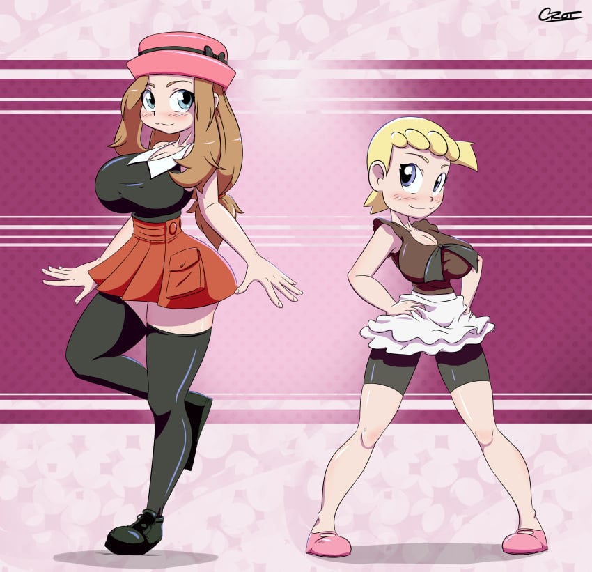 2girls aged_up big_breasts bonnie_(pokemon) boob_window clothed crot female female_only nintendo pokemon revealing_clothes serena_(pokemon)