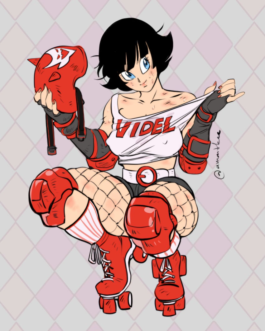 2d amartbee breasts crop_top dragon_ball dragon_ball_z elbow_pads female fishnet_legwear footwear full_color fully_clothed gloves helmet knee_pads nipples_visible_through_clothing no_penetration no_sex roller_skates shorts squatting thick_thighs videl videl_(dragon_ball_super)