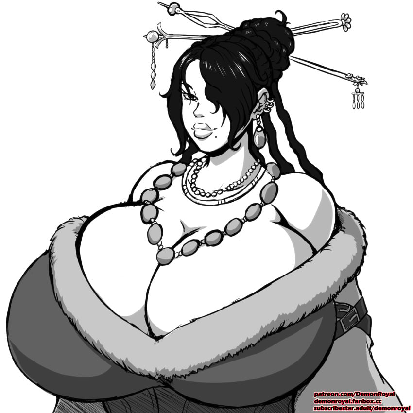 2024 artist_name big_breasts bimbo breasts cleavage demonroyal dress final_fantasy final_fantasy_x gigantic_breasts huge_breasts large_breasts lulu_(final_fantasy) massive_breasts milf solo white_background