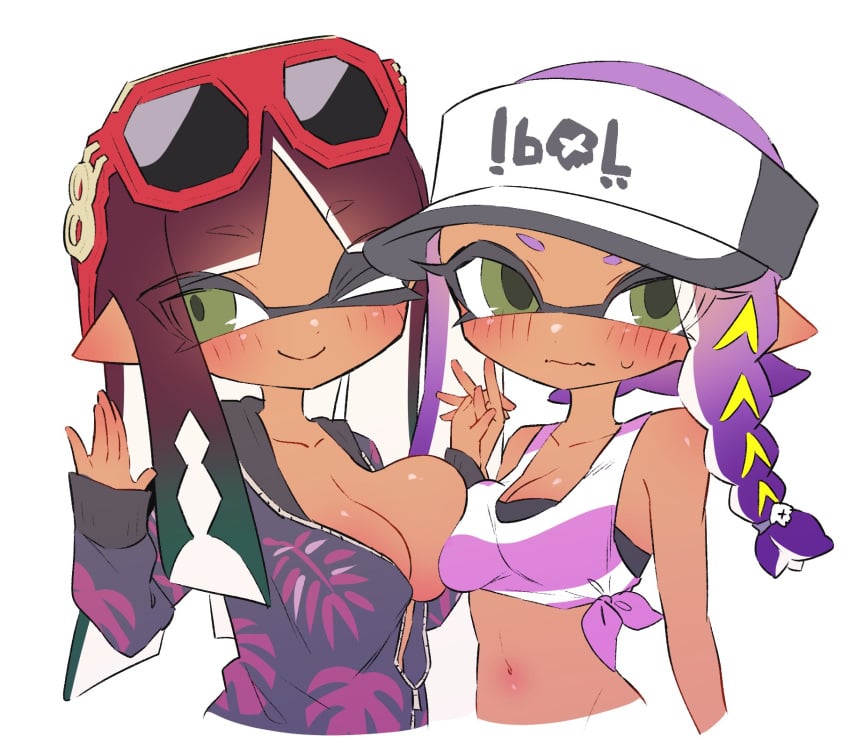 2girls arrow blush breast_press brown_hair cleavage dark-skinned_female dokudami-sama_(vaz_999) green_eyes hat holding_hands inkling large_breasts midriff splatoon sunglasses sweating symmetrical_docking vaz_999 wink