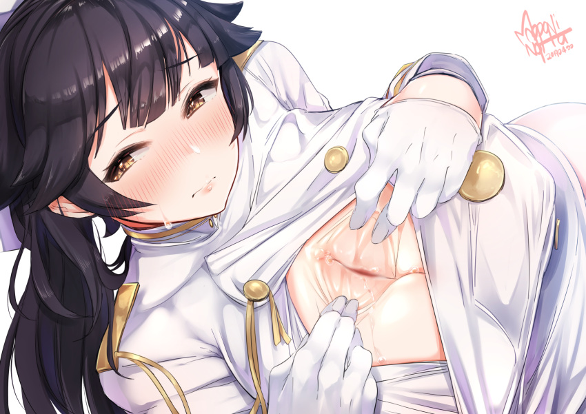 aiguillette azur_lane bangs black_hair blush bow breasts cleavage dated embarrassed female from_above gloves hair_flaps hairbow highres jacket jacket_tug large_breasts long_hair looking_at_viewer mappaninatta military military_uniform open_clothes open_mouth ponytail sidelocks signature takao_(azur_lane) uniform white_bow white_gloves white_jacket yellow_eyes