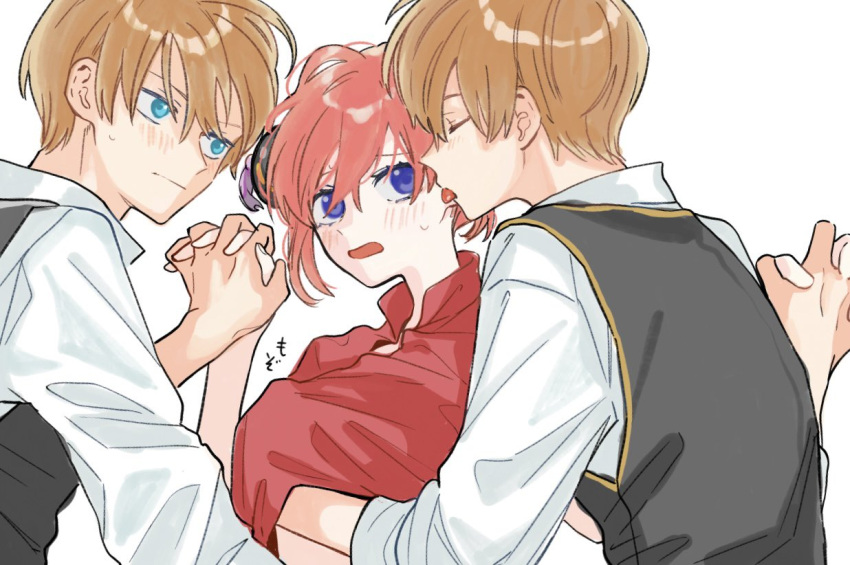 1girls 2boys blue_eyes blush brown_hair bun_cover chinese_clothes clone double_bun embarrassed female gintama groping groping_breasts hair_ornament hand_under_clothes hand_under_shirt holding_hands kagura_(gintama) licking male mmf_threesome okita_sougo orange_hair shinsengumi_(gintama) sweatdrop threesome upper_body yy_yyx