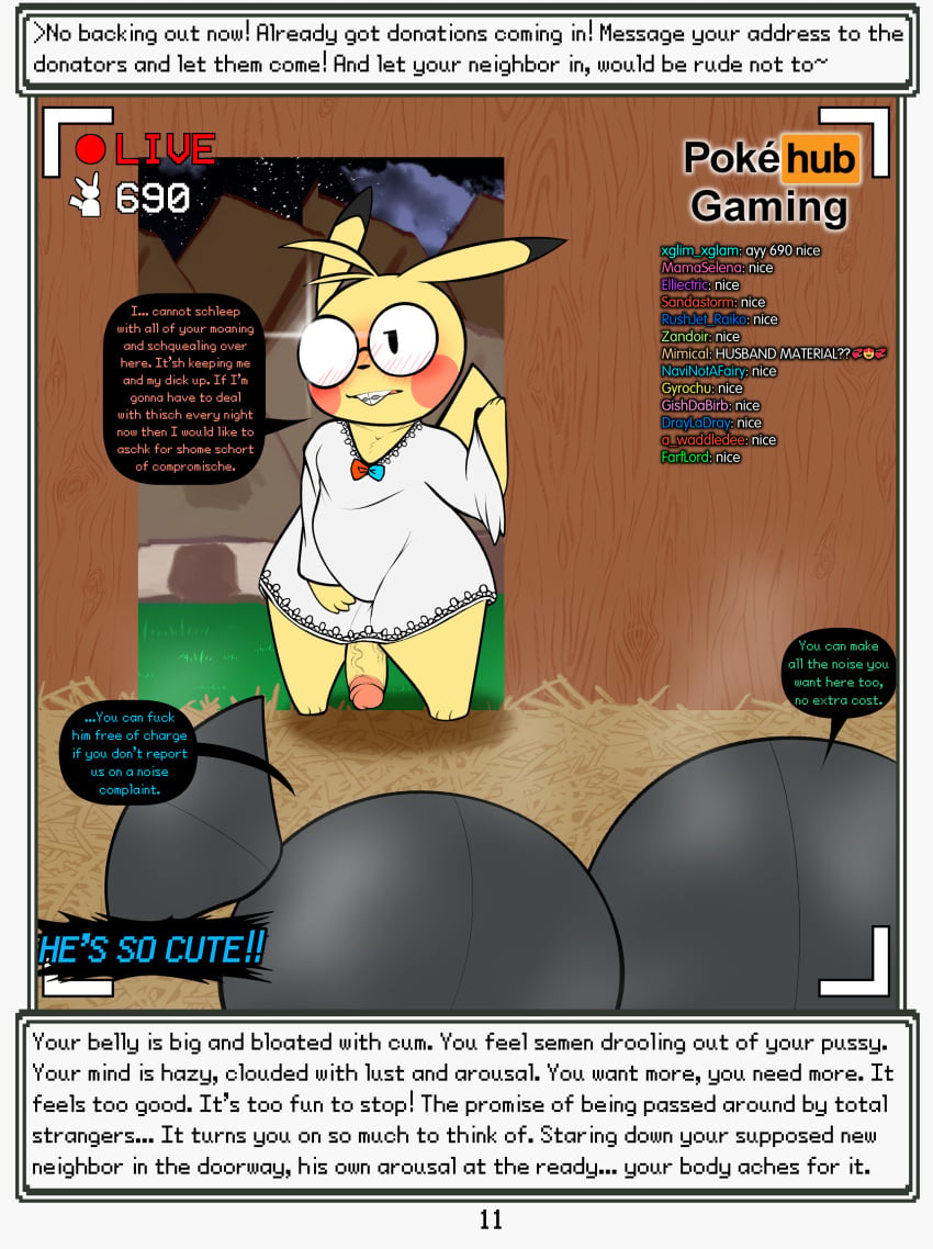 absurd_res anthro braces chat clothing dialogue english_text exio_(rodent_powered) eyewear generation_1_pokemon genitals glasses group hay hi_res living_machine machine male narration nintendo penis pikachu pokemon pokemon_(species) pokemon_mystery_dungeon rodent_powered_(softestpuffss) softestpuffss speech_bubble spike_chunsoft streaming summer_(rodent_powered) text trio wyla_(rodent_powered)