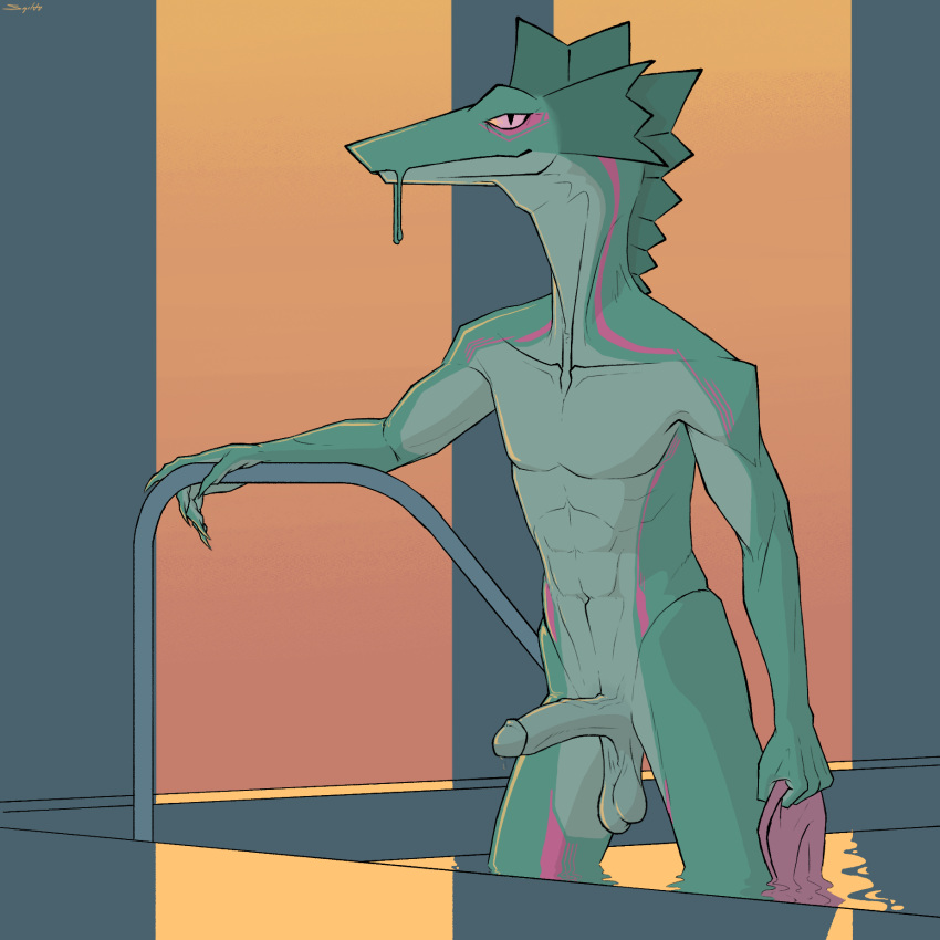 anthro athletic athletic_male balls claw_fingers clothing countershade_crotch countershade_hands countershade_torso countershading erection frill_(anatomy) genitals hi_res holding_clothing holding_object holding_railing holding_swimwear humanoid_genitalia liz_(nsfw) lizard looking_at_viewer male male_only nude penis pool reptile saggy_balls scalie slim solo solo_male sunset swimwear vein veiny_penis wet wet_body