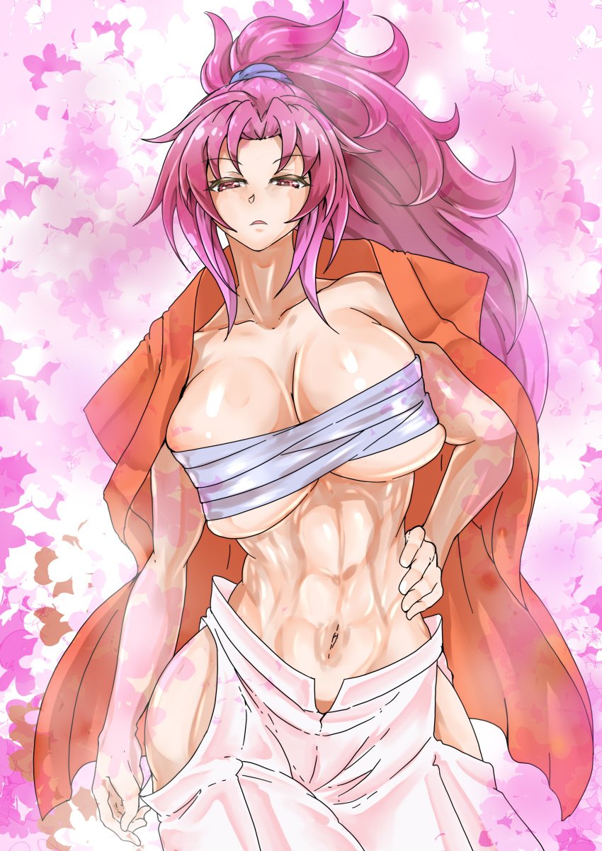 1girls 2d abs athletic_female bare_hips belly belly_button big_breasts breasts breasts_bigger_than_head cleavage clothed clothed_female ddxdin female floral_background hakama hand_on_waist hips long_hair looking_at_viewer meira meira_(touhou) open_mouth pink_eyes ponytail purple_hair samurai sarashi simple_background solo source standing tied_hair touhou touhou_(pc-98) wide_hips